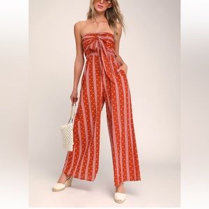 Lulus Women Raine Bandana Print Washed Red Strapless Jumpsuit Romper Red Small